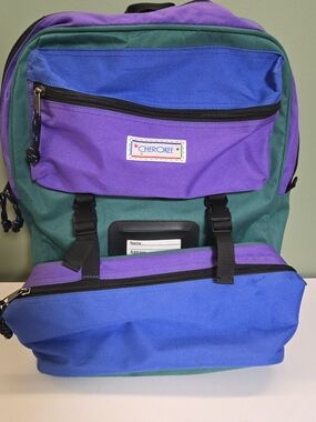 Vintage 90s Cherokee Colorblock Backpack w/ Attached Lunchbox - Rare!